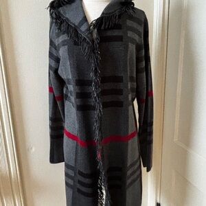 Gray Hooded Cardigan with Red Accents